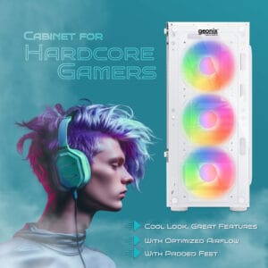 GEONIX X20 ATX Gaming Cabinet & Computer Case with 4 RGB Fans, 2 USB 2.0 + 3.0 Slots, S s d Slot, 7 Expansion Pci Sockets in White